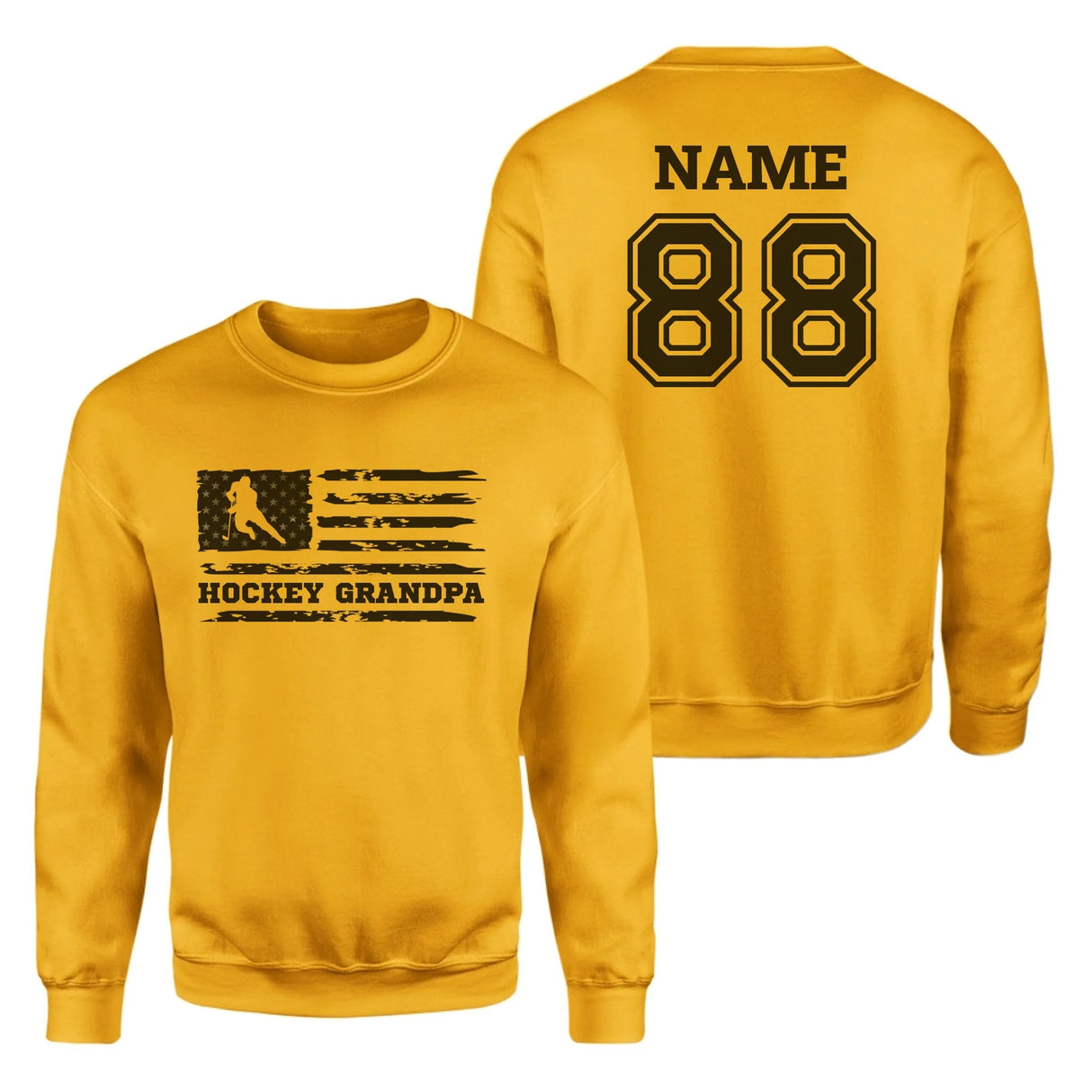Hockey Grandpa Horizontal Flag With Hockey Player Name on a Sweatshirt with a Black Graphic