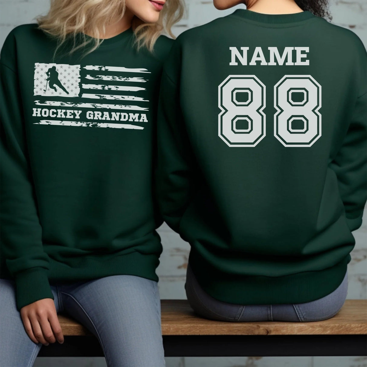 Hockey Grandma Horizontal Flag With Hockey Player Name on a Sweatshirt with a White Graphic