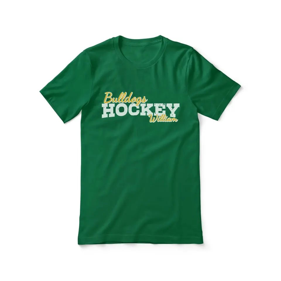 Custom Hockey Mascot and Hockey Player Name on a Unisex T-Shirt with a White Graphic