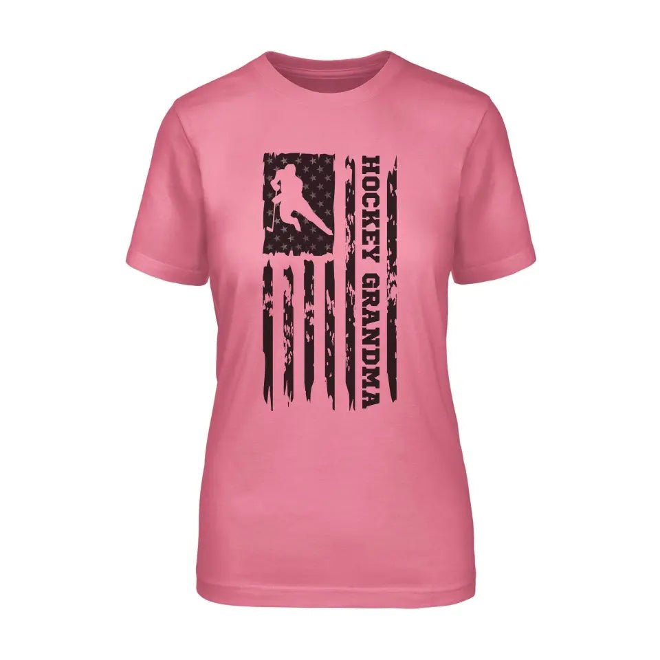 Hockey Grandma Vertical Flag on a Unisex T-Shirt with a Black Graphic