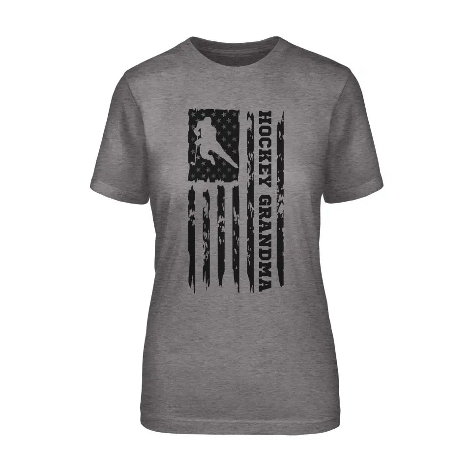 Hockey Grandma Vertical Flag on a Unisex T-Shirt with a Black Graphic