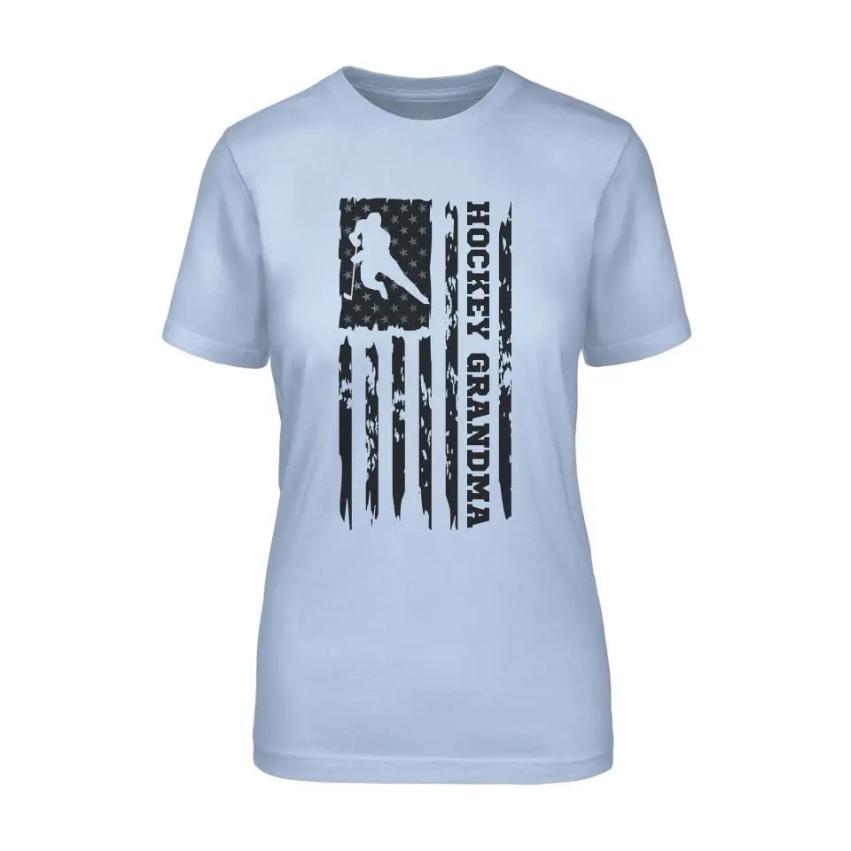 Hockey Grandma Vertical Flag on a Unisex T-Shirt with a Black Graphic