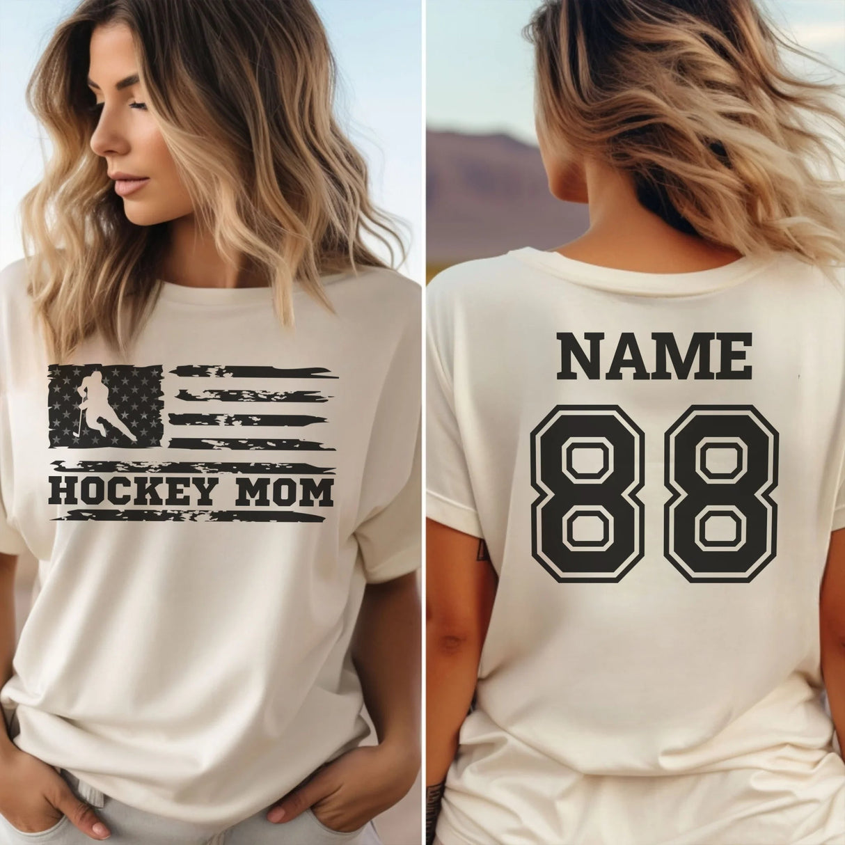 Hockey Mom Horizontal Flag With Hockey Player Name on a Unisex T-Shirt with a Black Graphic