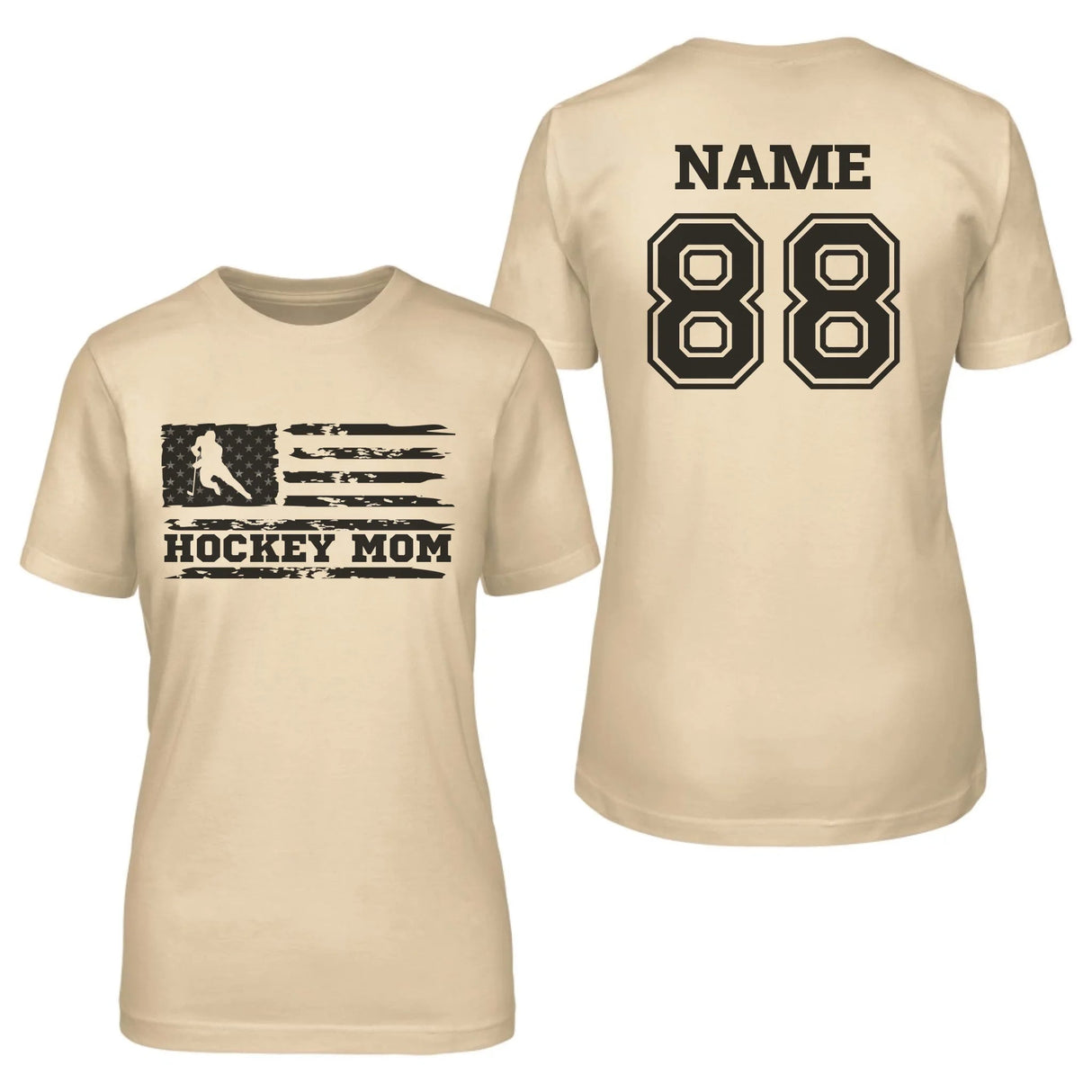 Hockey Mom Horizontal Flag With Hockey Player Name on a Unisex T-Shirt with a Black Graphic