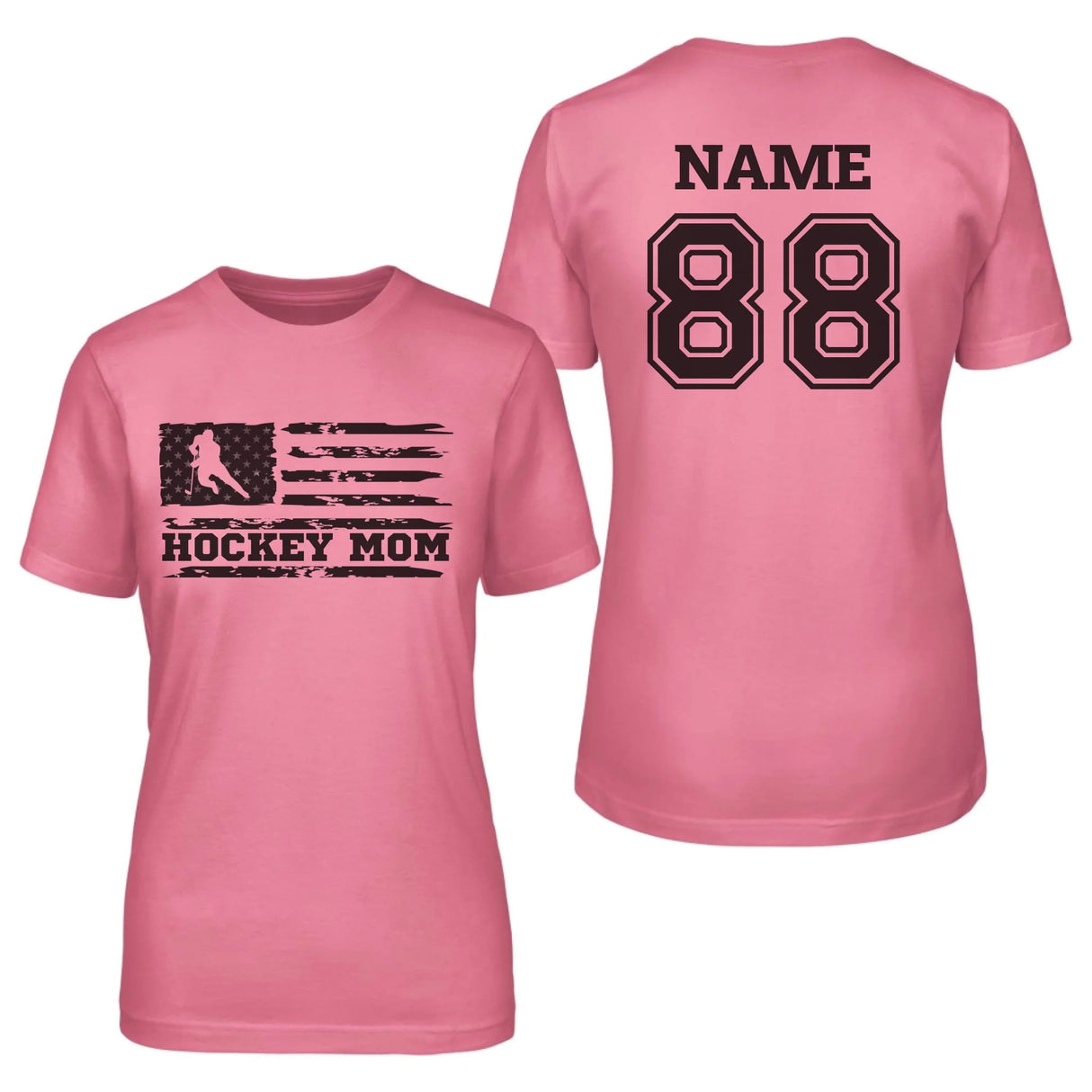 Hockey Mom Horizontal Flag With Hockey Player Name on a Unisex T-Shirt with a Black Graphic