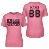 Hockey Mom Horizontal Flag With Hockey Player Name on a Unisex T-Shirt with a Black Graphic