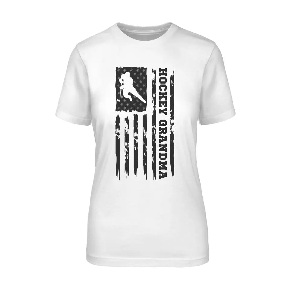 Hockey Grandma Vertical Flag on a Unisex T-Shirt with a Black Graphic