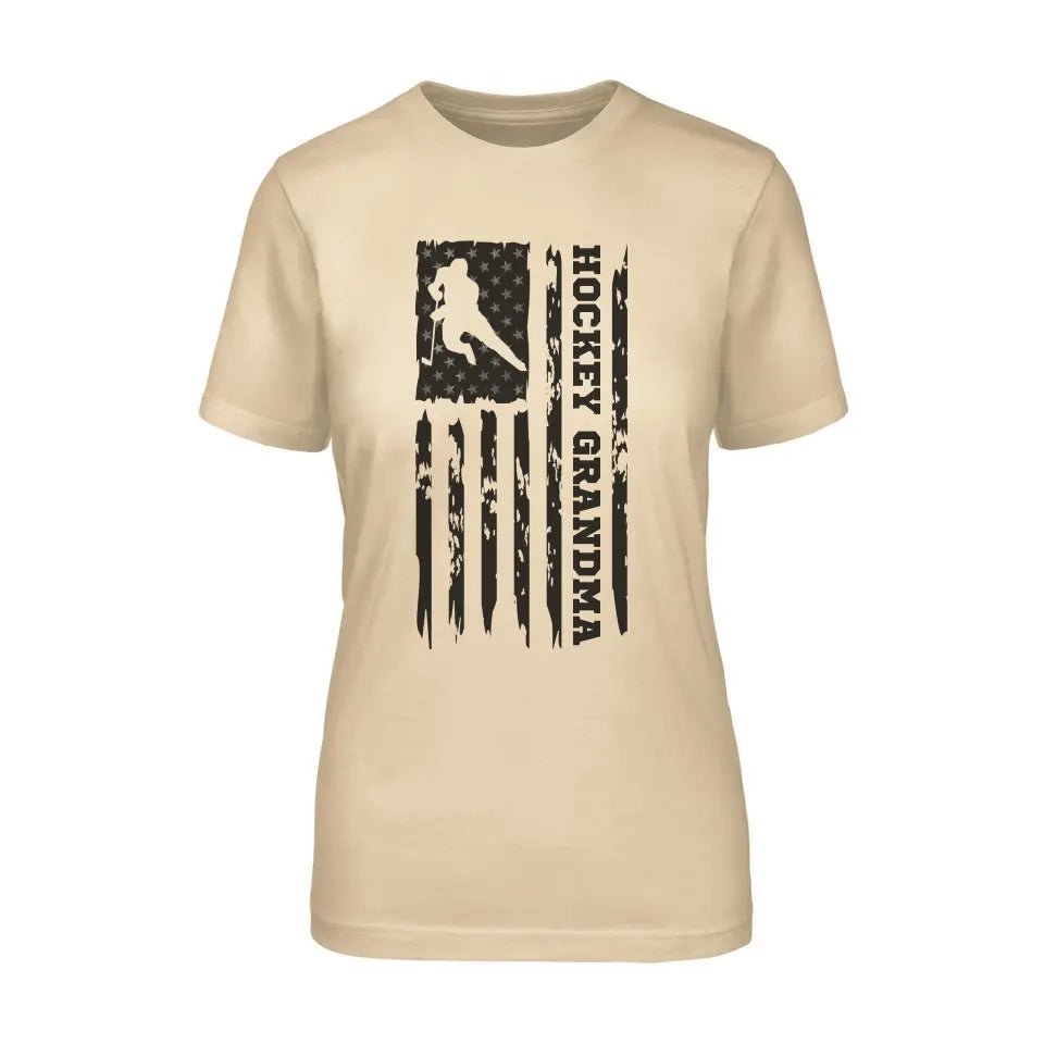 Hockey Grandma Vertical Flag on a Unisex T-Shirt with a Black Graphic