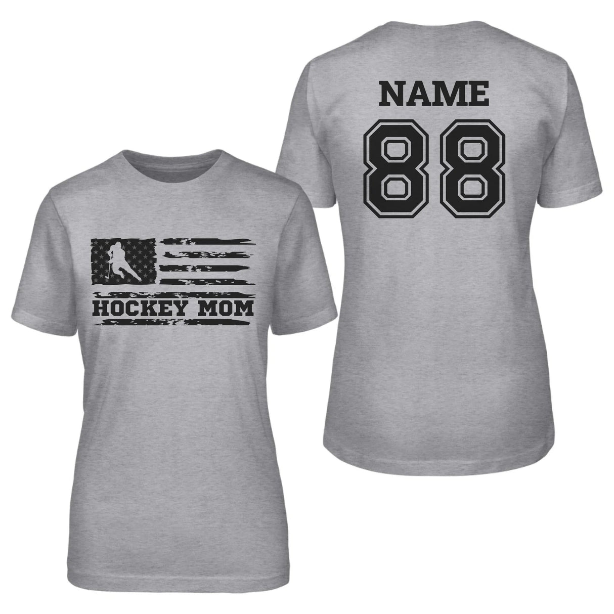 Hockey Mom Horizontal Flag With Hockey Player Name on a Unisex T-Shirt with a Black Graphic
