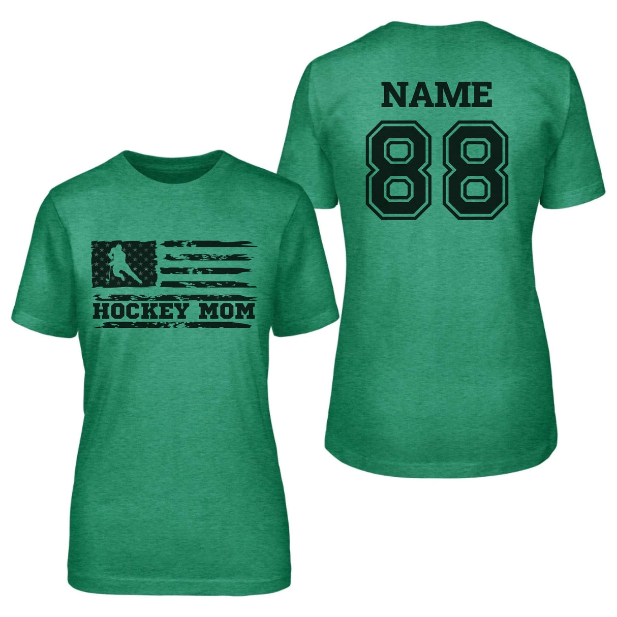 Hockey Mom Horizontal Flag With Hockey Player Name on a Unisex T-Shirt with a Black Graphic