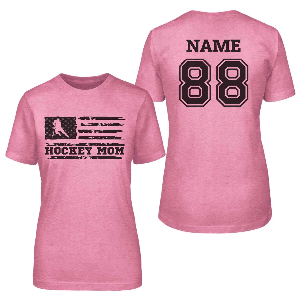 Hockey Mom Horizontal Flag With Hockey Player Name on a Unisex T-Shirt with a Black Graphic