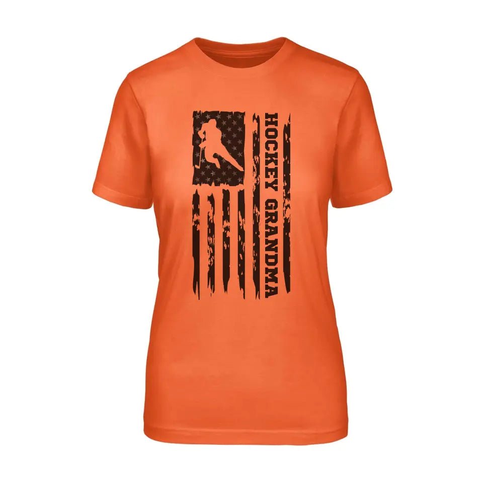 Hockey Grandma Vertical Flag on a Unisex T-Shirt with a Black Graphic