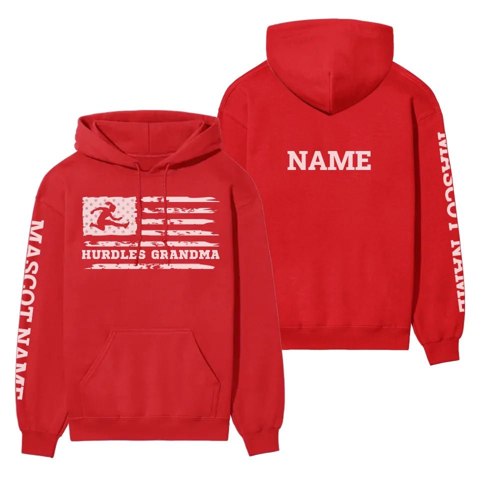 Hurdles Grandma Horizontal Flag With Hurdler Name on a Hoodie with a White Graphic