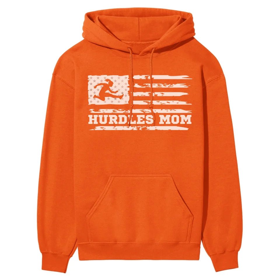 Hurdles Mom Horizontal Flag on a Hoodie with a White Graphic