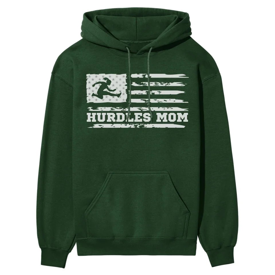 Hurdles Mom Horizontal Flag on a Hoodie with a White Graphic