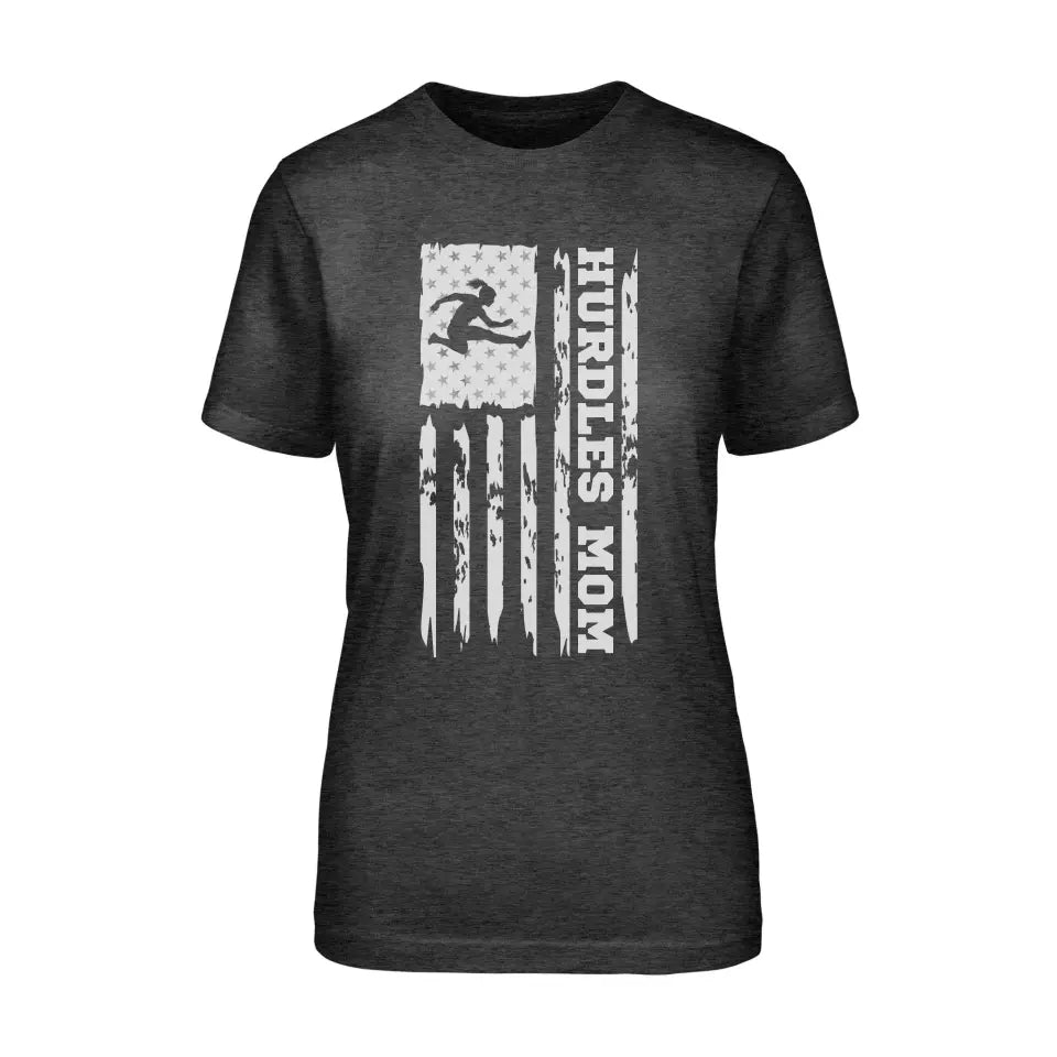 Hurdles Mom Vertical Flag on a Unisex T-Shirt with a White Graphic