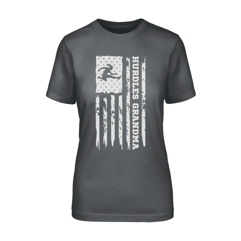 Hurdles Grandma Vertical Flag on a Unisex T-Shirt with a White Graphic