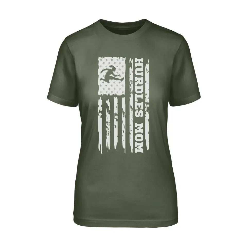 Hurdles Mom Vertical Flag on a Unisex T-Shirt with a White Graphic