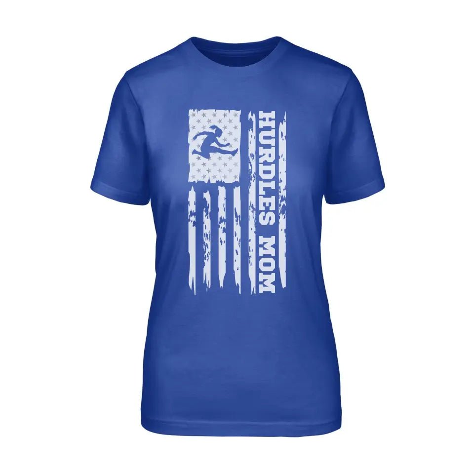 Hurdles Mom Vertical Flag on a Unisex T-Shirt with a White Graphic