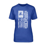 Hurdles Mom Vertical Flag on a Unisex T-Shirt with a White Graphic