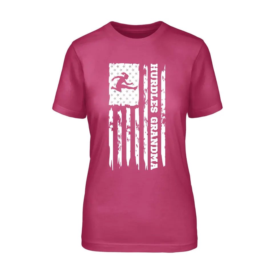 Hurdles Grandma Vertical Flag on a Unisex T-Shirt with a White Graphic
