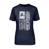 Hurdles Mom Vertical Flag on a Unisex T-Shirt with a White Graphic