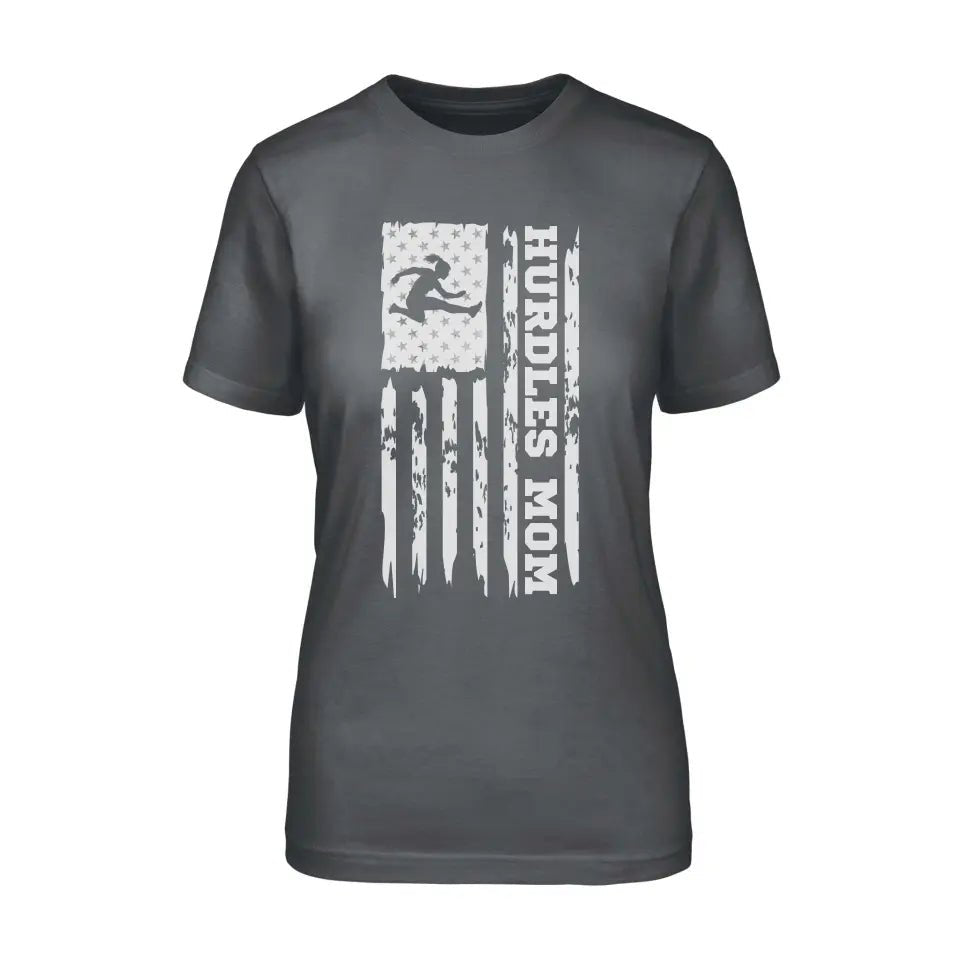 Hurdles Mom Vertical Flag on a Unisex T-Shirt with a White Graphic