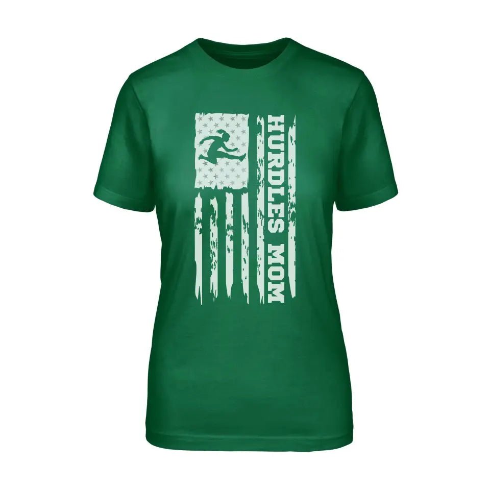Hurdles Mom Vertical Flag on a Unisex T-Shirt with a White Graphic