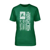 Hurdles Mom Vertical Flag on a Unisex T-Shirt with a White Graphic
