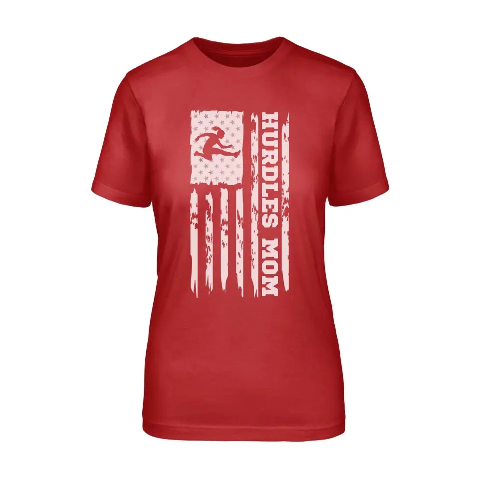 Hurdles Mom Vertical Flag on a Unisex T-Shirt with a White Graphic