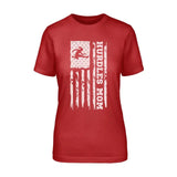 Hurdles Mom Vertical Flag on a Unisex T-Shirt with a White Graphic