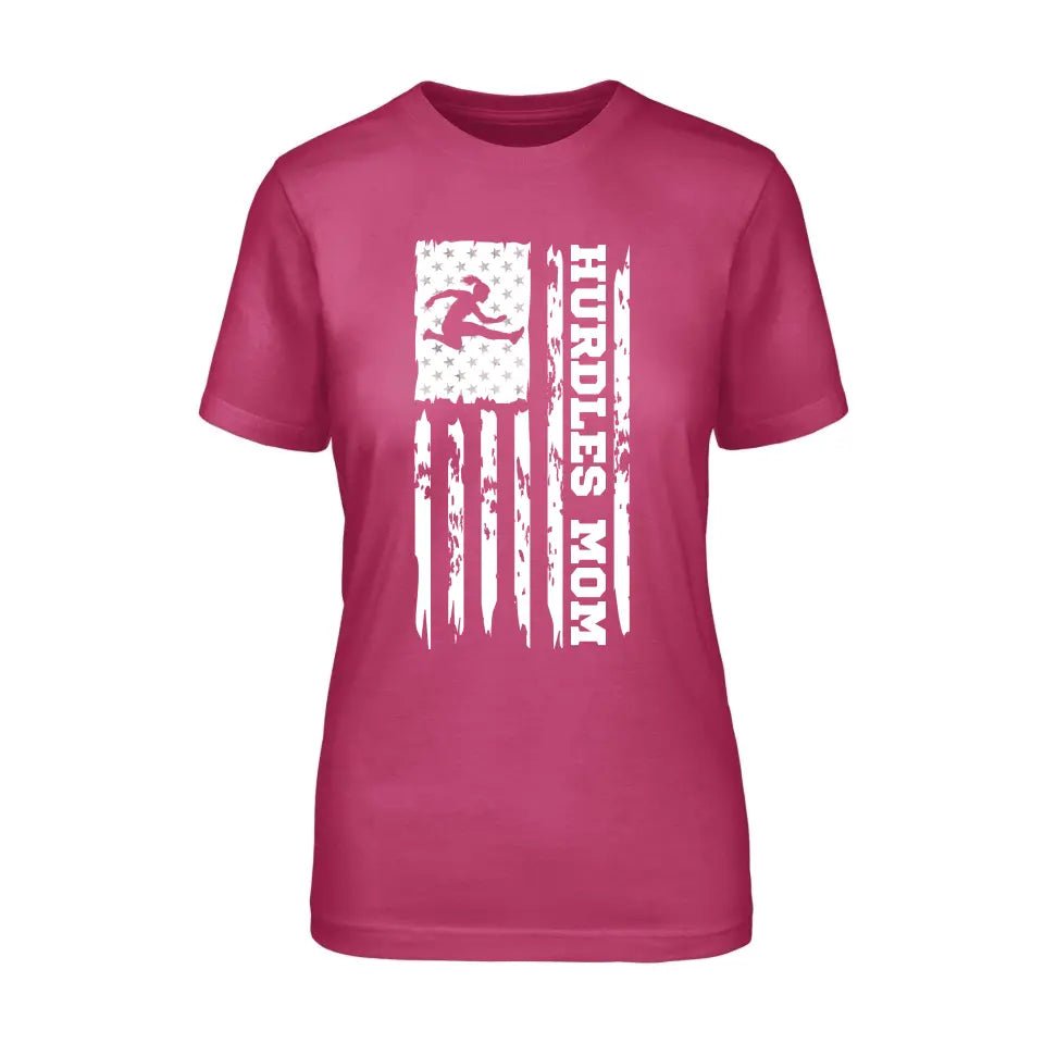 Hurdles Mom Vertical Flag on a Unisex T-Shirt with a White Graphic