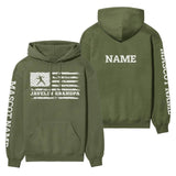 Javelin Grandpa Horizontal Flag With Javelin Thrower Name on a Hoodie with a White Graphic