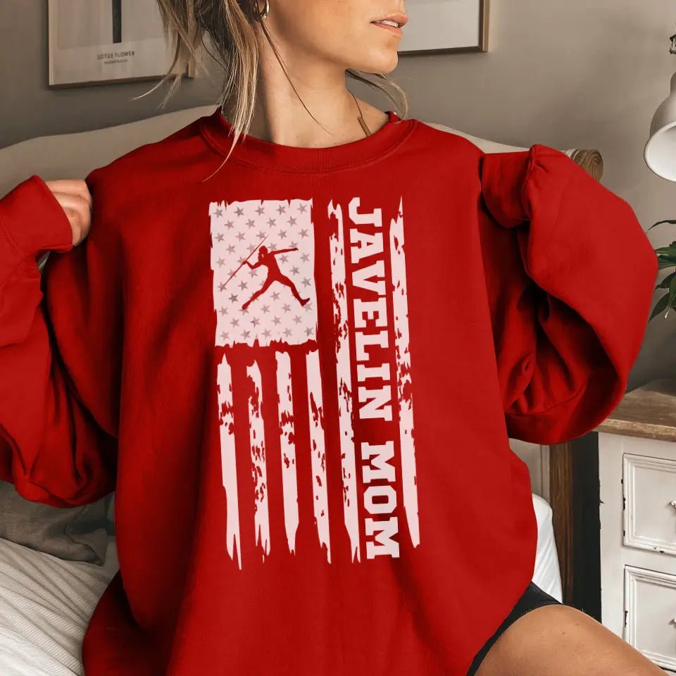 Javelin Mom Vertical Flag on a Sweatshirt with a White Graphic