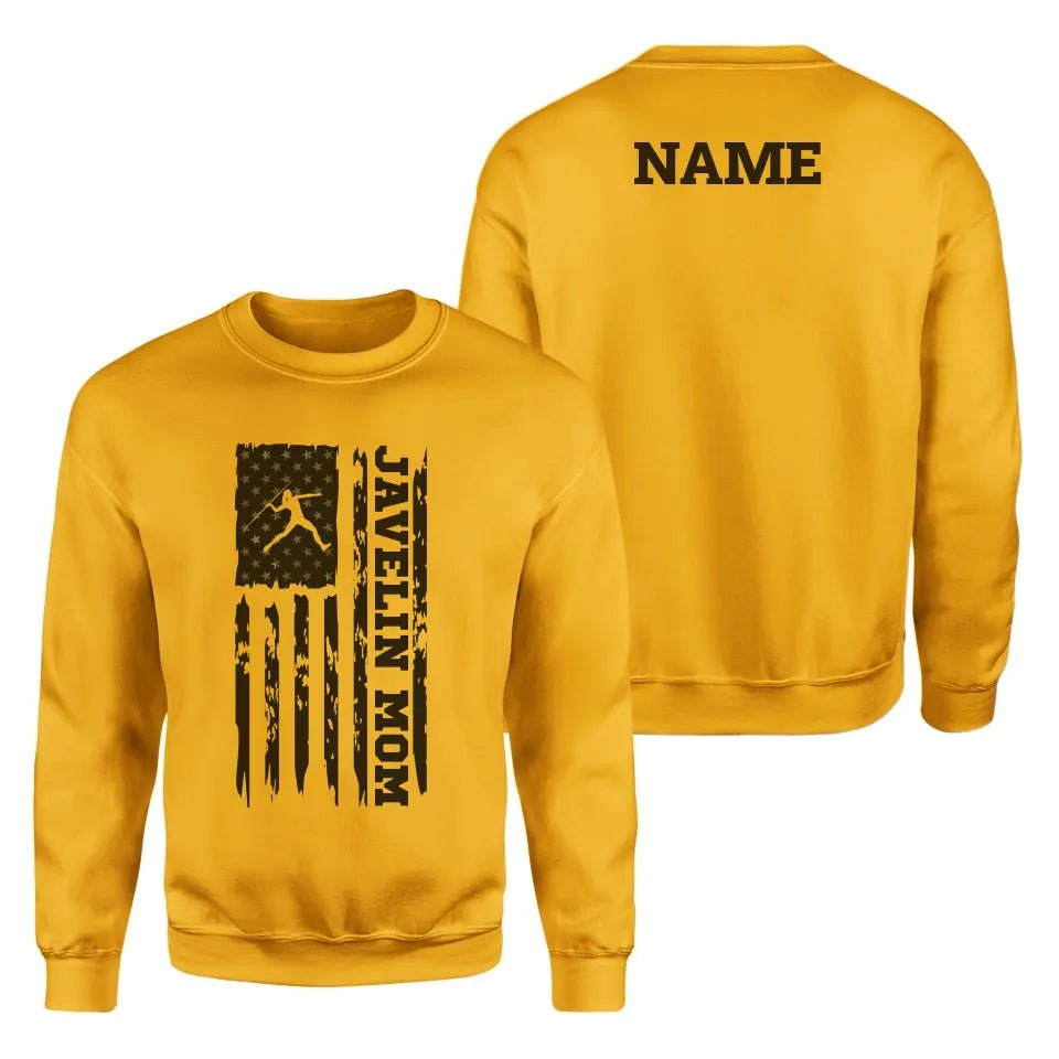 Javelin Mom Vertical Flag With Javelin Thrower Name on a Sweatshirt with a Black Graphic