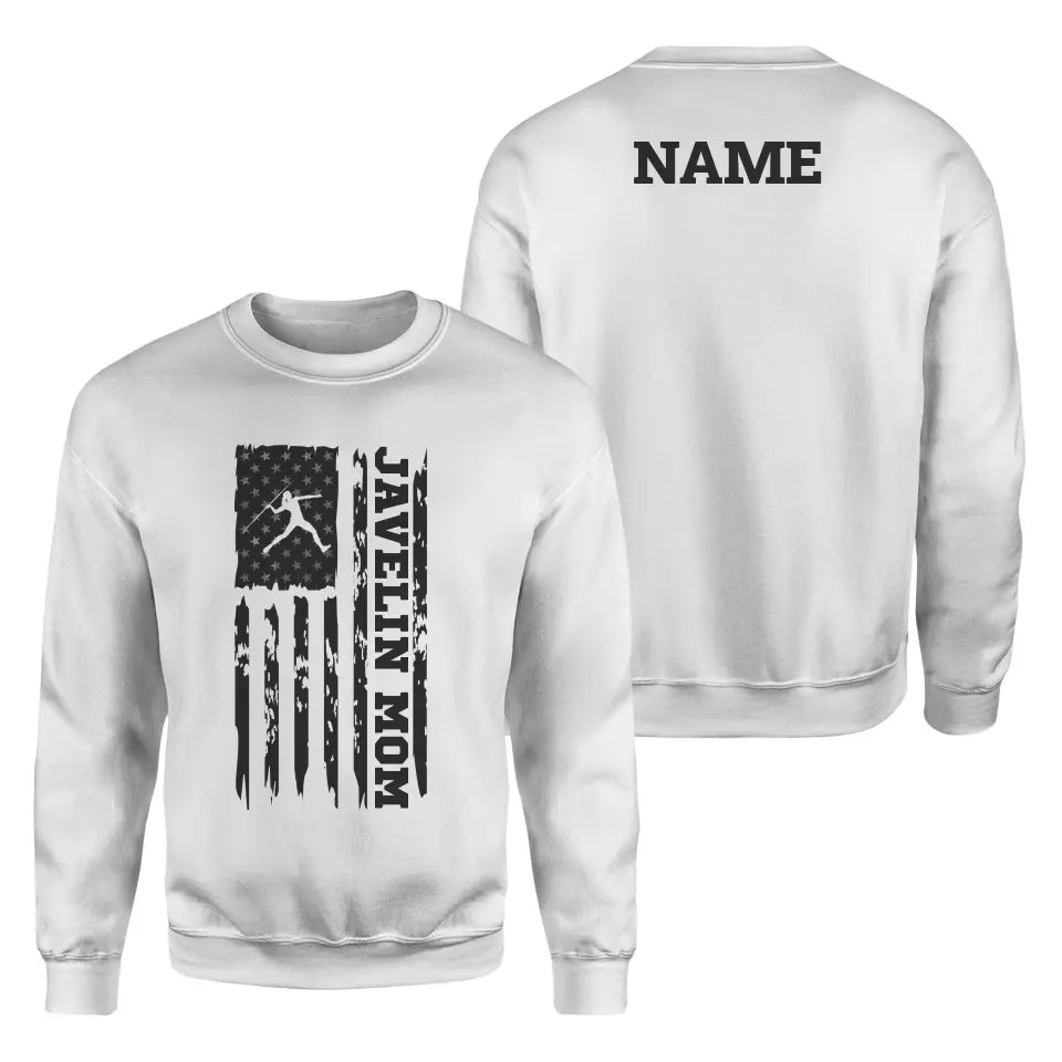 Javelin Mom Vertical Flag With Javelin Thrower Name on a Sweatshirt with a Black Graphic