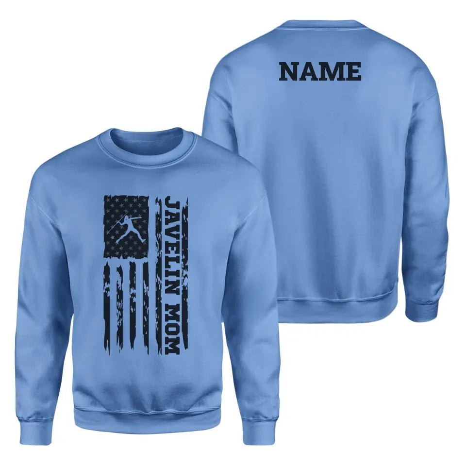 Javelin Mom Vertical Flag With Javelin Thrower Name on a Sweatshirt with a Black Graphic