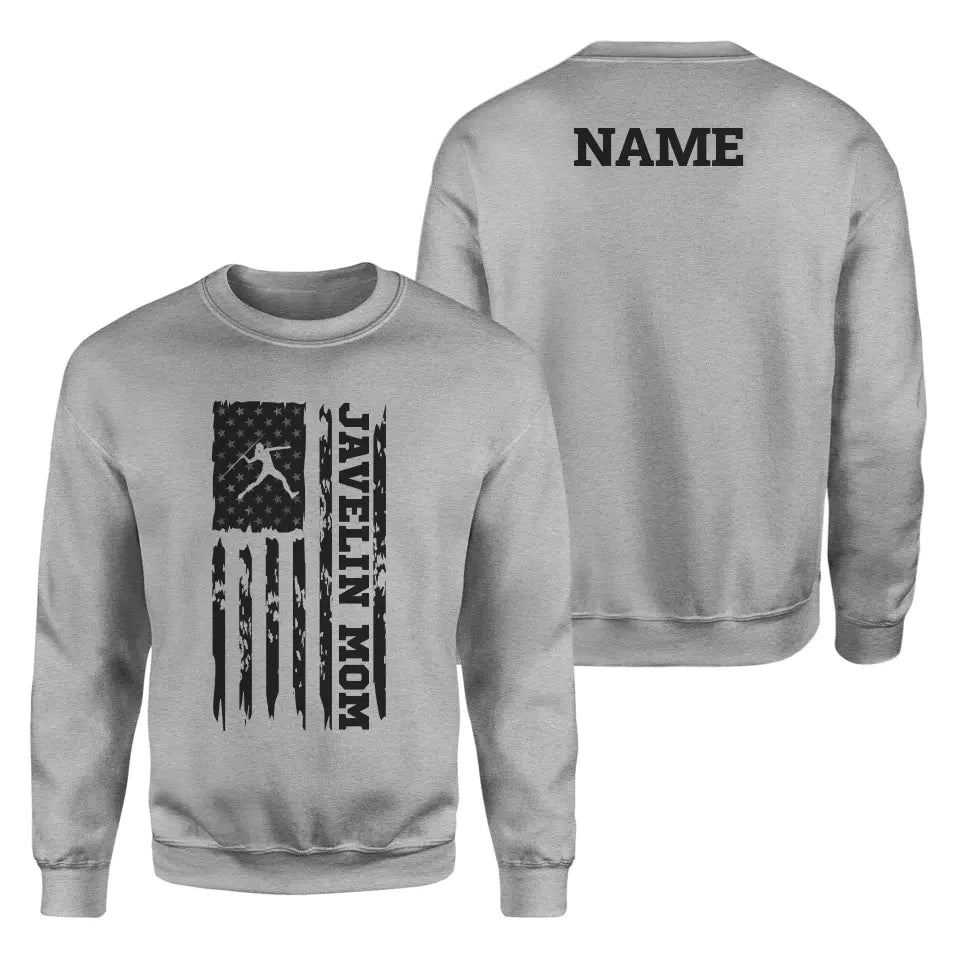 Javelin Mom Vertical Flag With Javelin Thrower Name on a Sweatshirt with a Black Graphic