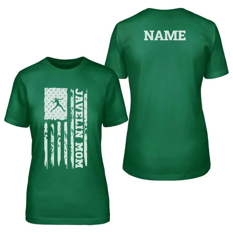 Javelin Mom Vertical Flag With Javelin Thrower Name on a Unisex T-Shirt with a White Graphic