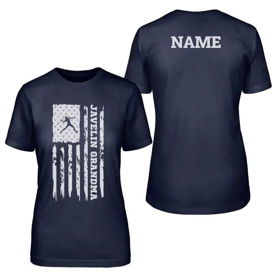 Javelin Grandma Vertical Flag With Javelin Thrower Name on a Unisex T-Shirt with a White Graphic