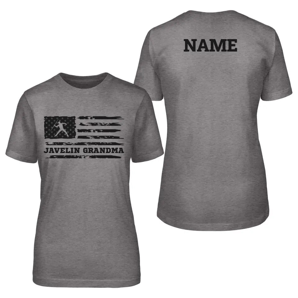 Javelin Grandma Horizontal Flag With Javelin Thrower Name on a Unisex T-Shirt with a Black Graphic