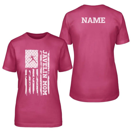 Javelin Mom Vertical Flag With Javelin Thrower Name on a Unisex T-Shirt with a White Graphic