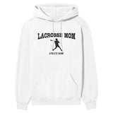 Lacrosse Mom with Lacrosse Player Icon and Lacrosse Player Name on a Hoodie with a Black Graphic