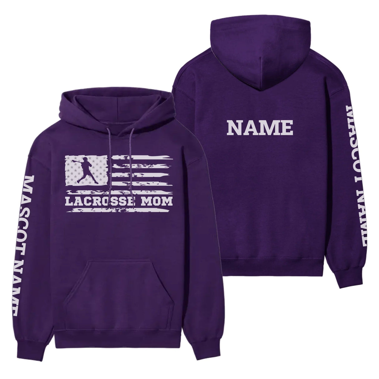 Lacrosse Mom Horizontal Flag With Lacrosse Player Name on a Hoodie with a White Graphic