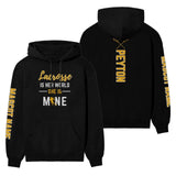 Lacrosse Is Her World, She Is Mine With Lacrosse Player Name And Custom Sleeve on a Hoodie