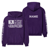 Lacrosse Dad Horizontal Flag With Lacrosse Player Name on a Hoodie with a White Graphic