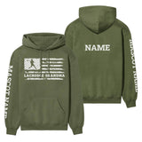 Lacrosse Grandma Horizontal Flag With Lacrosse Player Name on a Hoodie with a White Graphic