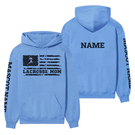 Lacrosse Mom Horizontal Flag With Lacrosse Player Name on a Hoodie with a Black Graphic