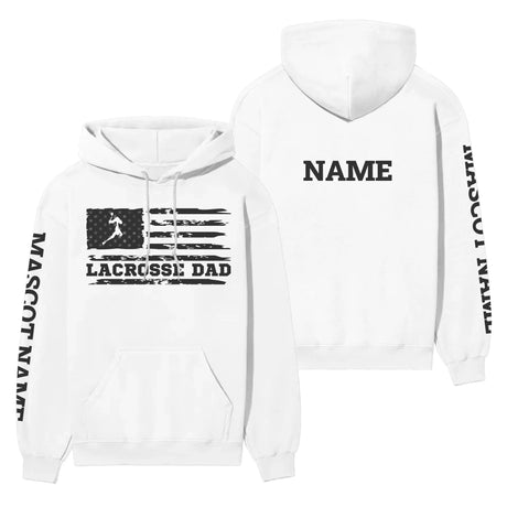 Lacrosse Dad Horizontal Flag With Lacrosse Player Name on a Hoodie with a Black Graphic