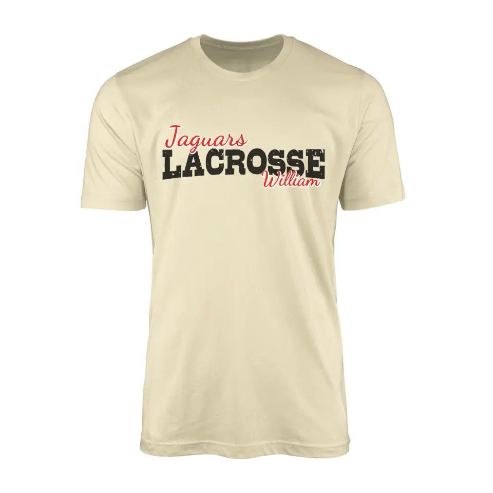 Custom Lacrosse Mascot and Lacrosse Player Name on a Men's T-Shirt with a Black Graphic